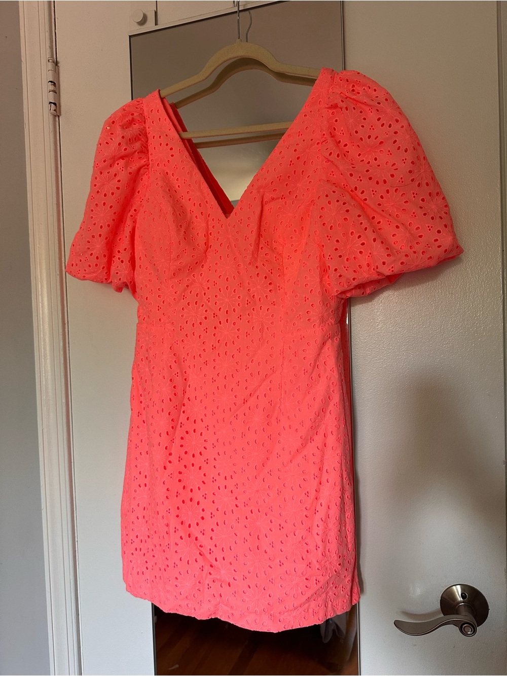 Lilly Pulitzer Neon Coral Eyelet V-Neck Puff Sleeve Dress